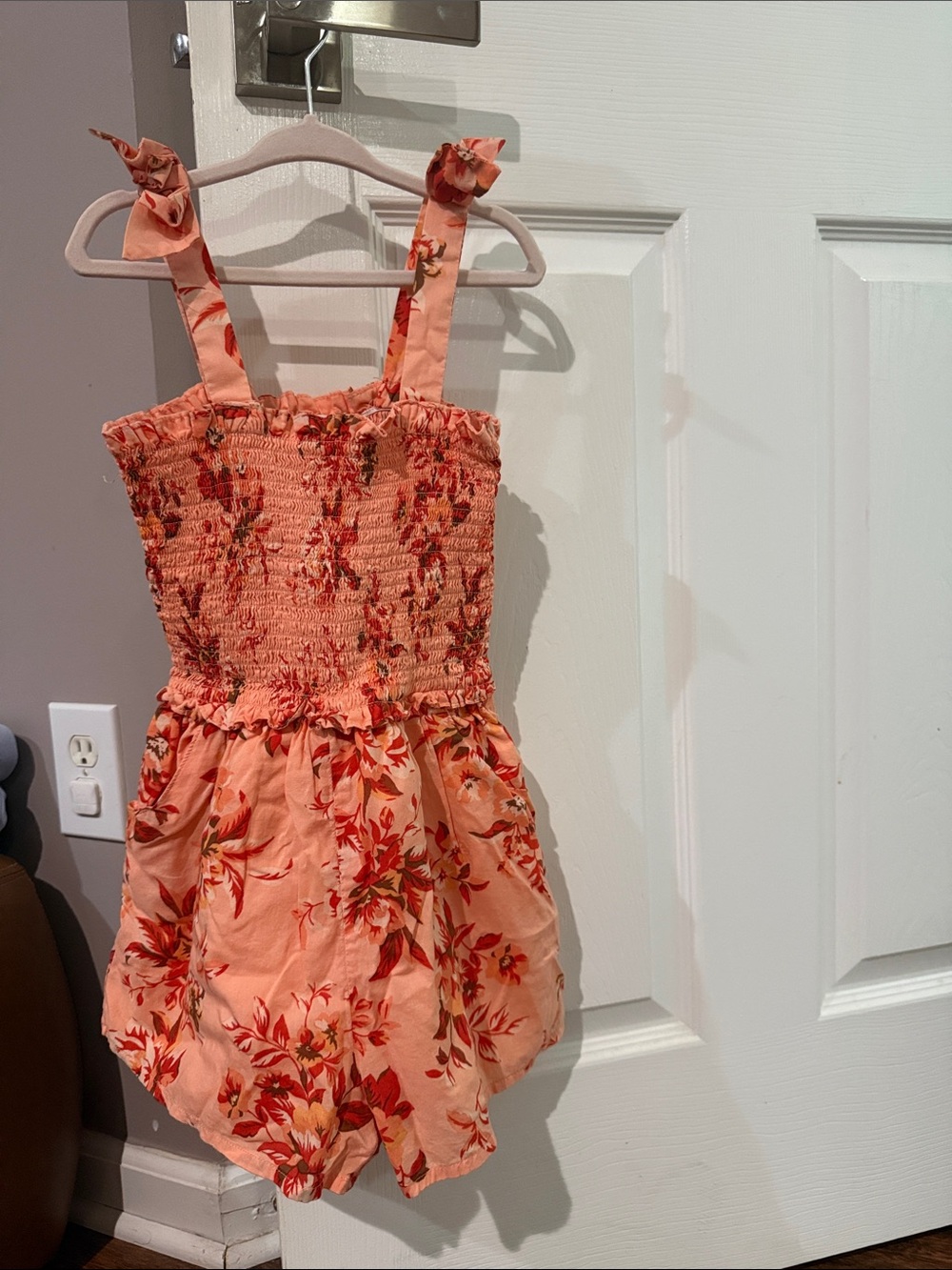 Janie and Jack Peach Floral Smocked Romper with Tie Straps